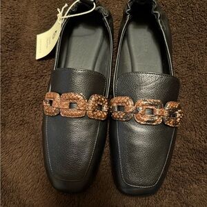 Sanctuary Black Leather Loafers with Brown Chain Detail